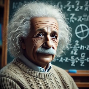 DALL·E 2024-09-16 14.35.43 - A detailed image of Albert Einstein, the famous physicist, with his iconic wild white hair and mustache, wearing a casual sweater and sitting thoughtf